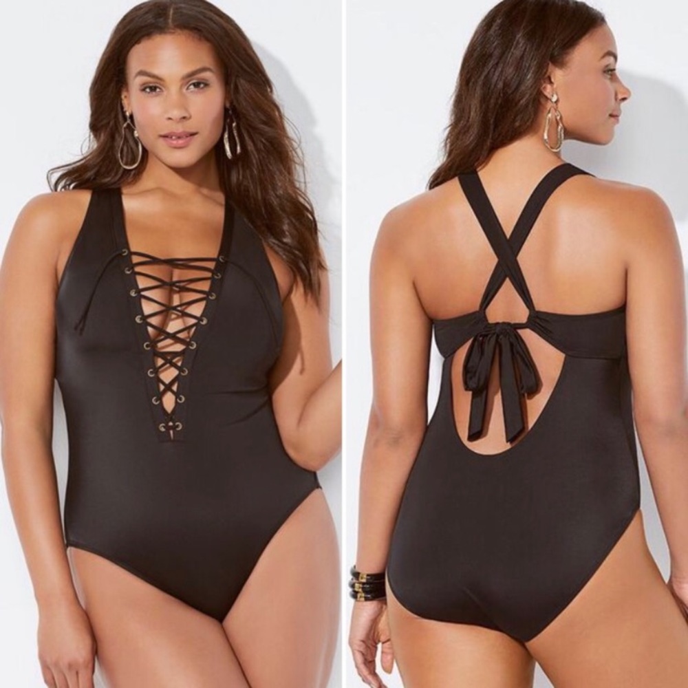 NWT Ashley Graham CEO Lace Up One Piece Swim Suit Black Size 20